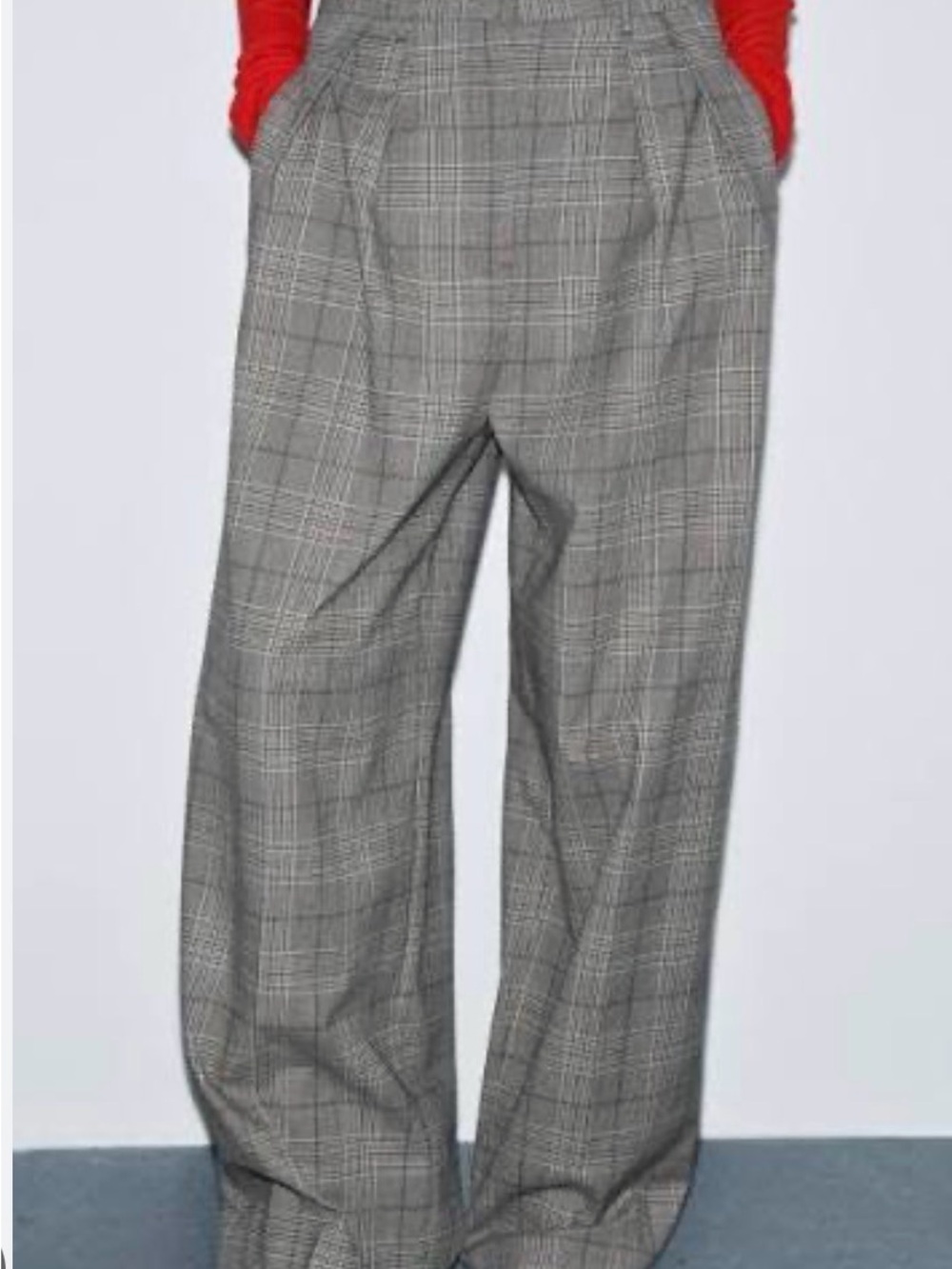 Zara Gray Plaid Wide-Leg Pants with Red Accent